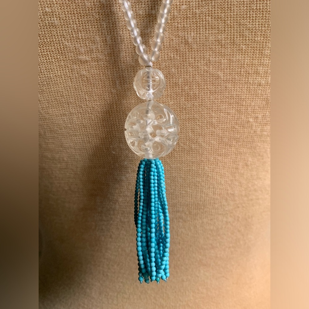 Sweet Olive Matte Rock Crystal w Carved Rock Crystal & Turquoise Tassel Necklace